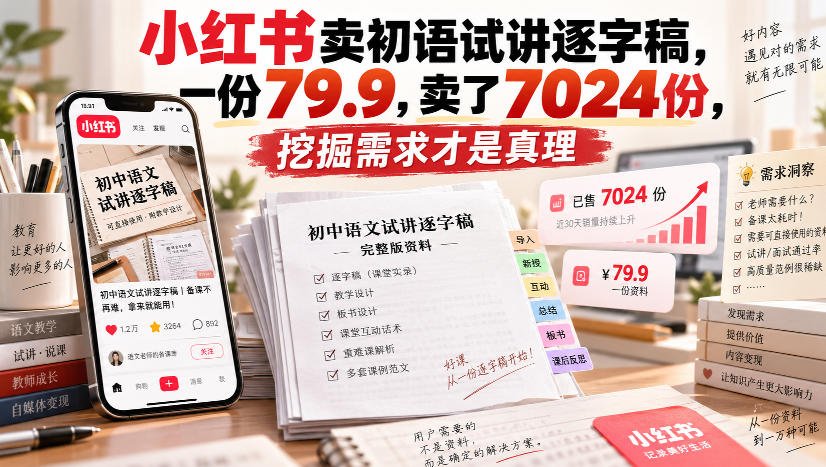 小红书卖初语试讲逐字稿，一份79.9，卖了7024份，挖掘需求才是真理-禾谷轻创网