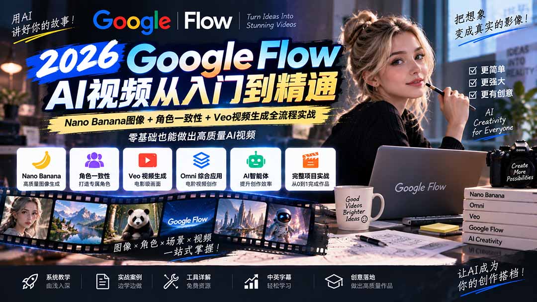 【无水印】Google Flow AI视频从入门到精通：Nano Banana图像+角色一致性+Veo视频生成全流程实战-精翻中英字幕-禾谷轻创网