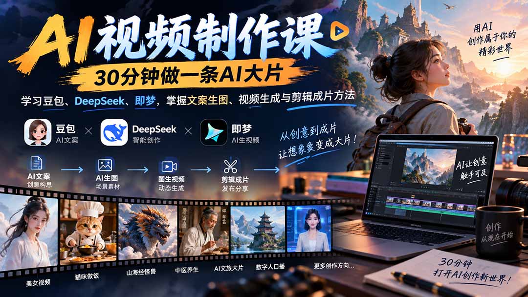 AI视频制作课-30分钟做一条AI大片：学习豆包、DeepSeek、即梦，掌握文案生图、视频生成与剪辑成片方法-禾谷轻创网