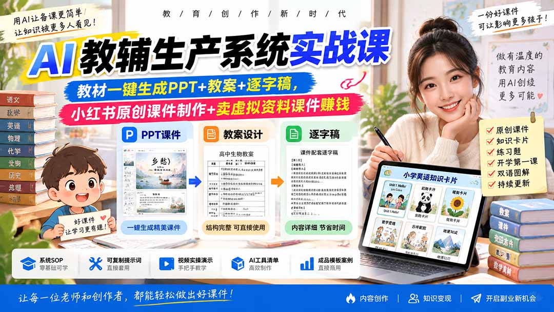 AI教辅生产系统实战课｜教材一键生成PPT+教案+逐字稿，小红书原创课件制作+卖虚拟资料课件赚钱-禾谷轻创网