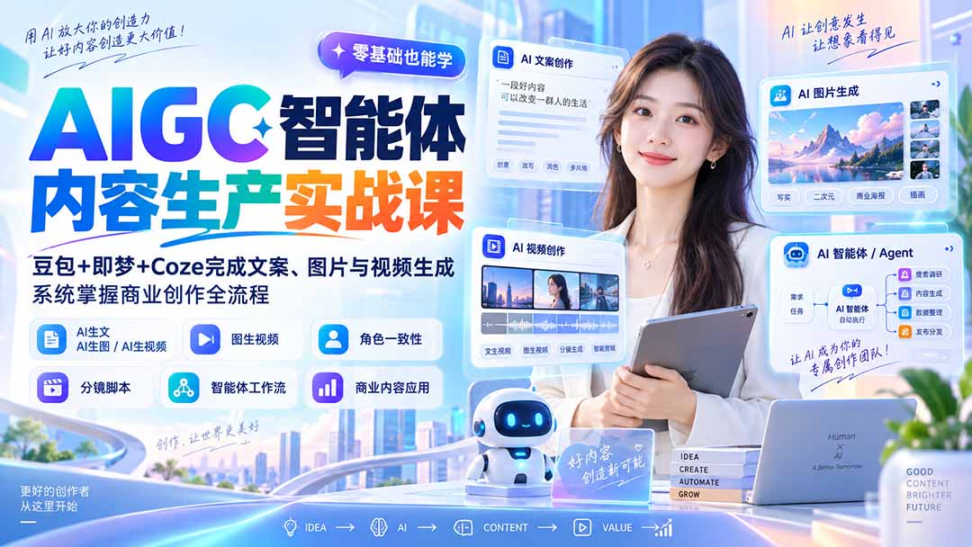 AIGC智能体内容生产实战课：豆包+即梦+Coze完成文案、图片与视频生成，系统掌握商业创作全流程-禾谷轻创网