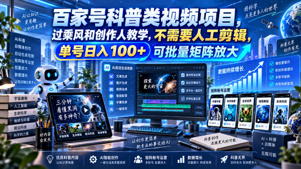 百家号科普类视频项目，过乘风和创作人教学，不需要人工剪辑，单号日入100+可批量矩阵放大-禾谷轻创网