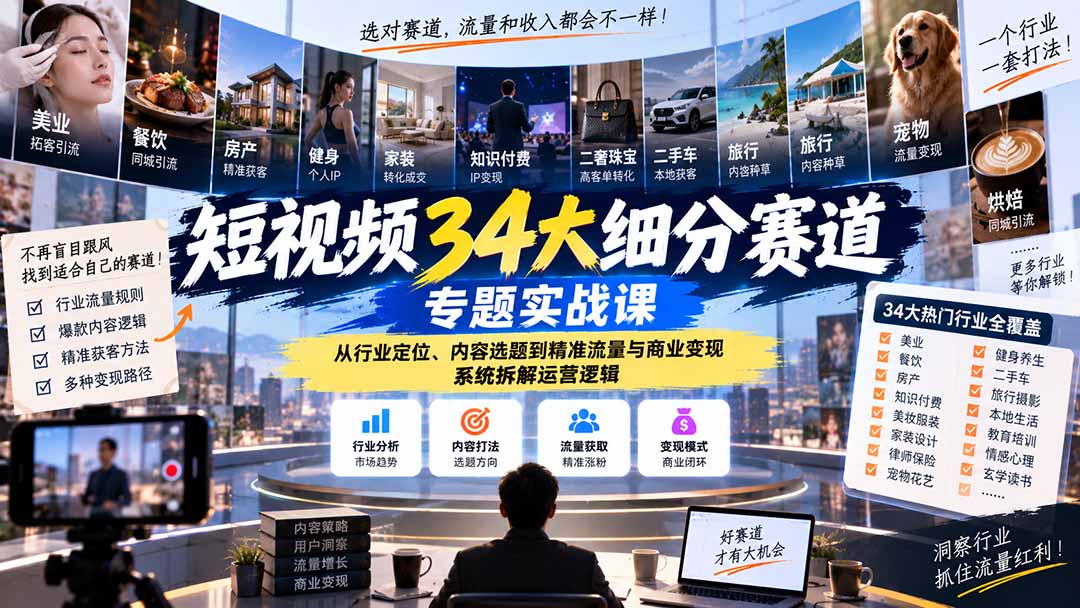 短视频34大细分赛道专题实战课：从行业定位、内容选题到精准流量与商业变现，系统拆解运营逻辑-禾谷轻创网