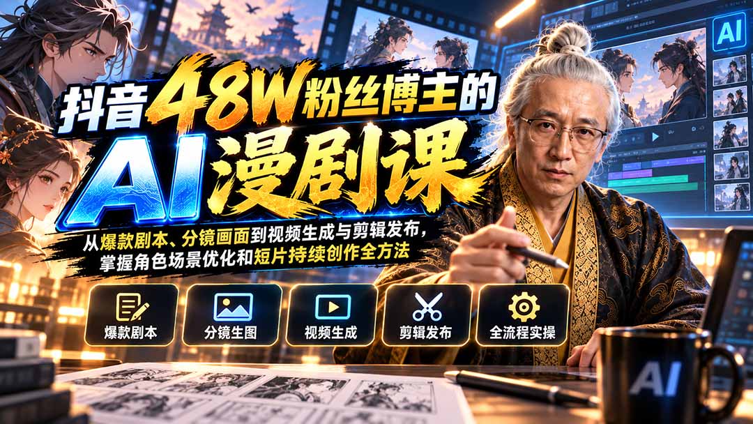 抖音48W粉丝博主的AI漫剧课：从爆款剧本、分镜画面到视频生成与剪辑发布，掌握角色场景优化和短片持续创作全方法-禾谷轻创网