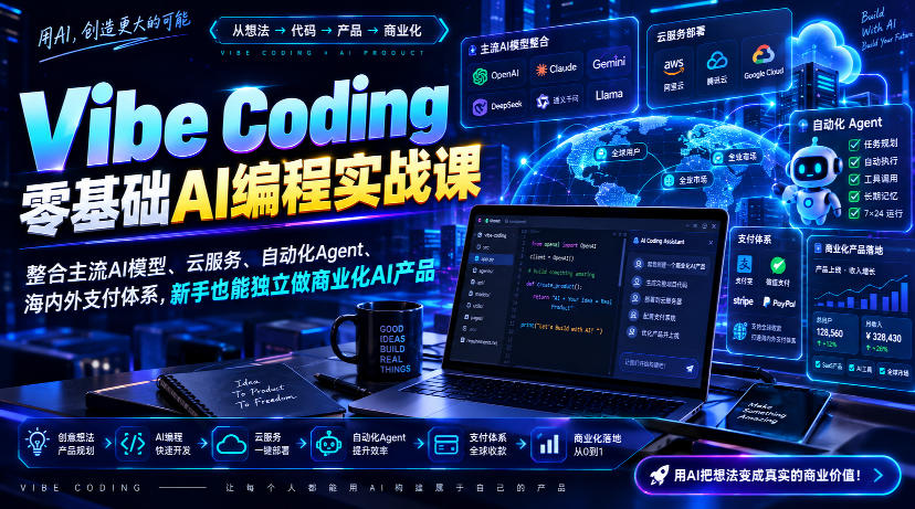 Vibe Coding零基础AI编程实战课-无水印，整合主流AI模型、云服务、自动化Agent、海内外支付体系，新手也能独立做商业化AI产品-禾谷轻创网