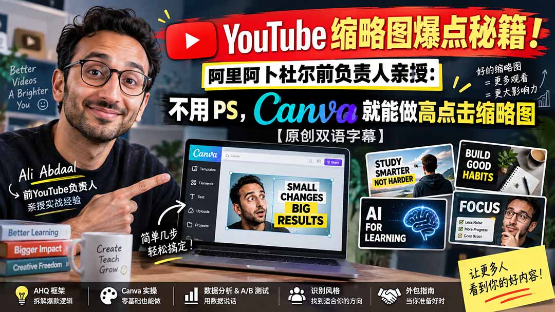 YouTube 缩略图爆点秘籍！阿里阿卜杜尔前负责人亲授：不用 PS，Canva 就能做高点击缩略图【原创双语字幕】-禾谷轻创网
