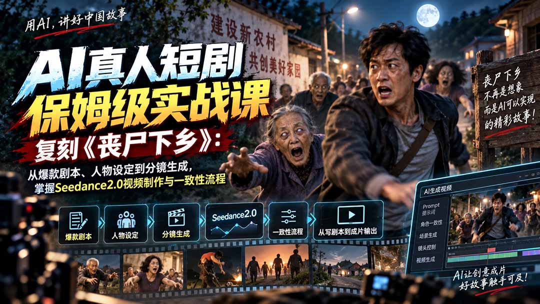 AI真人短剧保姆级实战课，复刻《丧尸下乡》：从爆款剧本、人物设定到分镜生成，掌握Seedance2.0视频制作与一致性流程-禾谷轻创网