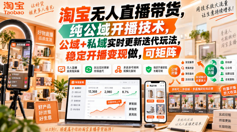 淘宝无人直播带货，纯公域开播技术，公域+私域实时更新迭代玩法，稳定开播变现做，可矩阵【揭秘】-禾谷轻创网