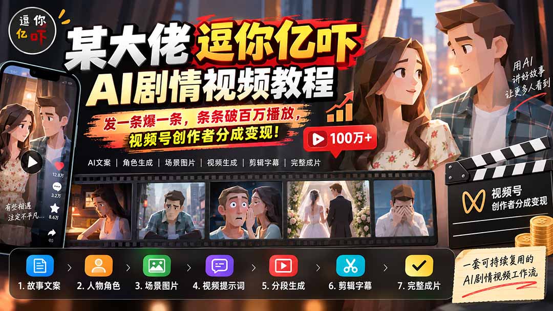 某大佬逗你亿吓AI低模剧情视频制作教程：发一条爆一条，条条破百万播放，利用视频号创作者分成变现!-禾谷轻创网