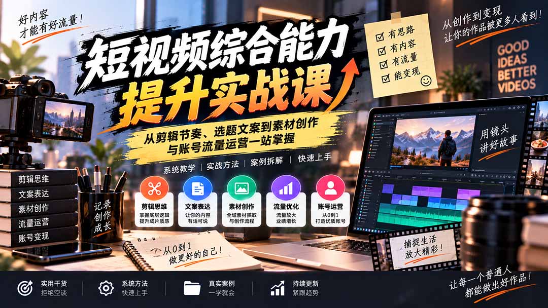 短视频综合能力提升实战课：从剪辑节奏、选题文案到素材创作与账号流量运营一站掌握-禾谷轻创网