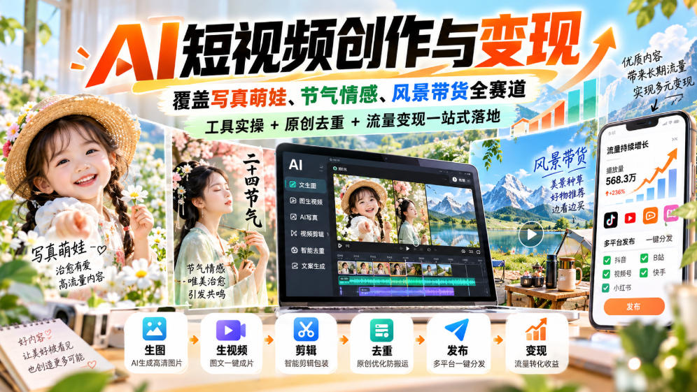 AI短视频创作与变现，覆盖写真萌娃、节气情感、风景带货全赛道，工具实操+原创去重+流量变现一站式落地-禾谷轻创网