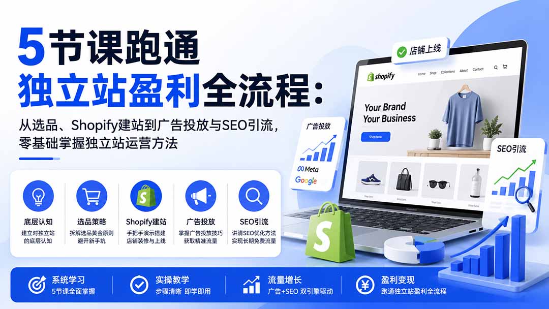 图片[1]-5节课跑通独立站盈利全流程：从选品、Shopify建站到广告投放与SEO引流，零基础掌握独立站运营方法-禾谷轻创网