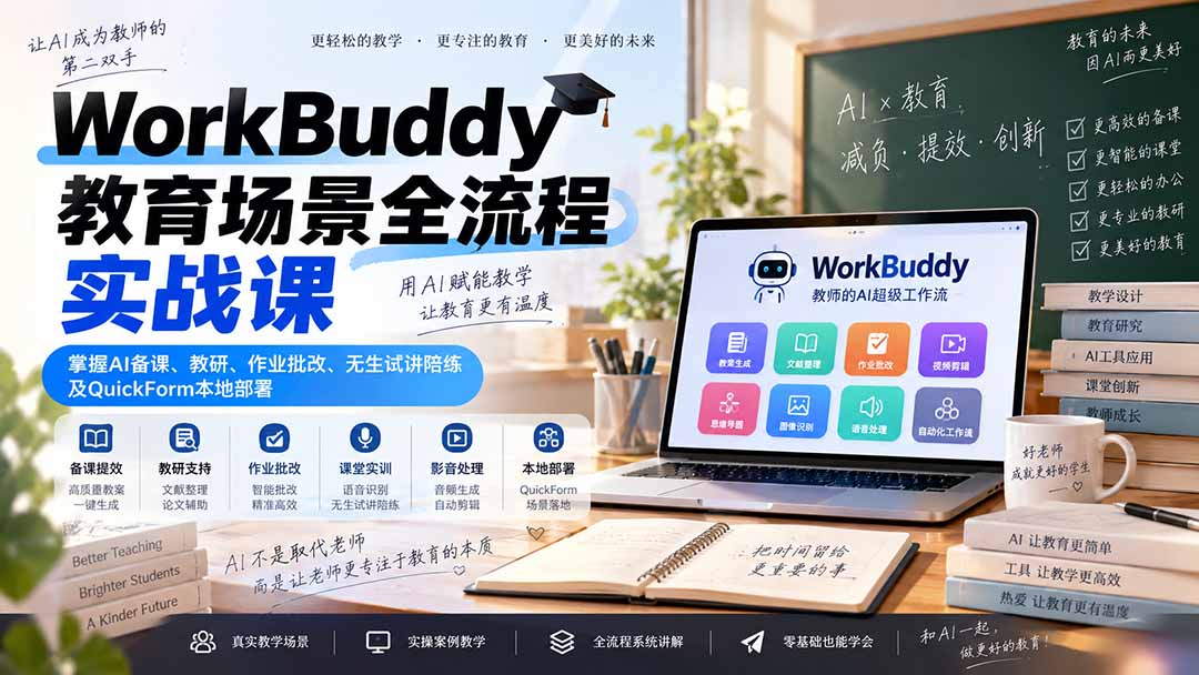 WorkBuddy教育场景全流程实战课：掌握AI备课、教研、作业批改、无生试讲陪练及QuickForm本地部署-禾谷轻创网