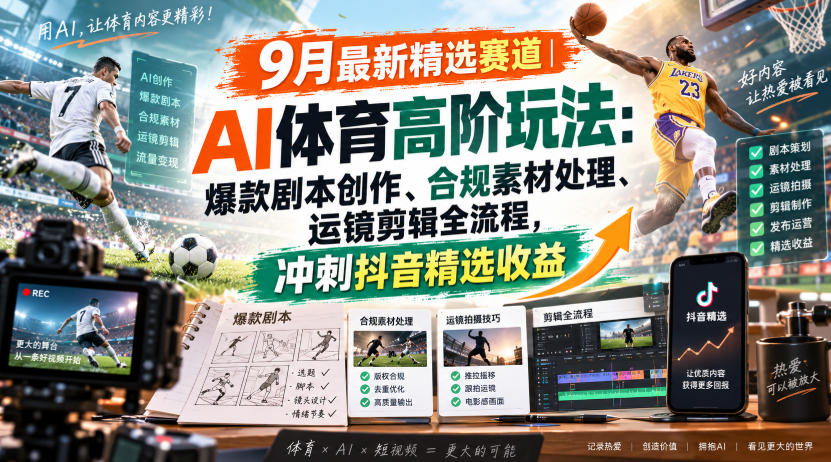某大佬的9月最新精选赛道之AI体育顶级玩法，爆款剧本创作、版权规避、运镜剪辑全流程，稳拿抖音精选收益-禾谷轻创网