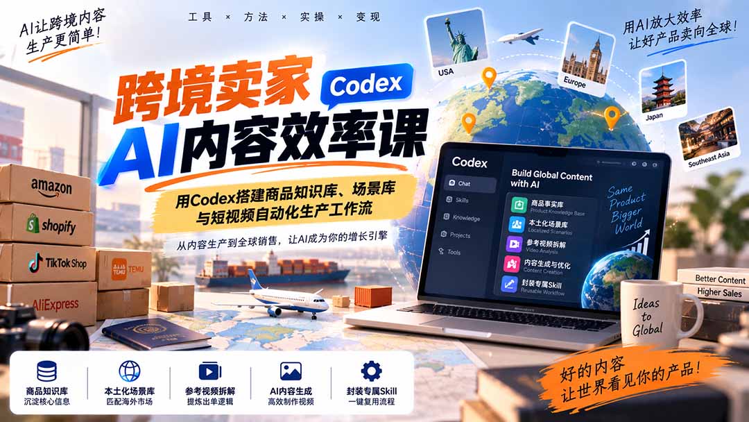 跨境卖家AI内容效率课：用Codex搭建商品知识库、场景库与短视频自动化生产工作流-禾谷轻创网