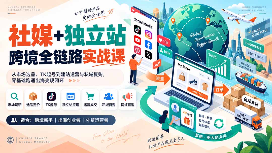 社媒+独立站跨境全链路实战课：从市场选品、TK起号到建站运营与私域复购，零基础跑通出海变现闭环-禾谷轻创网