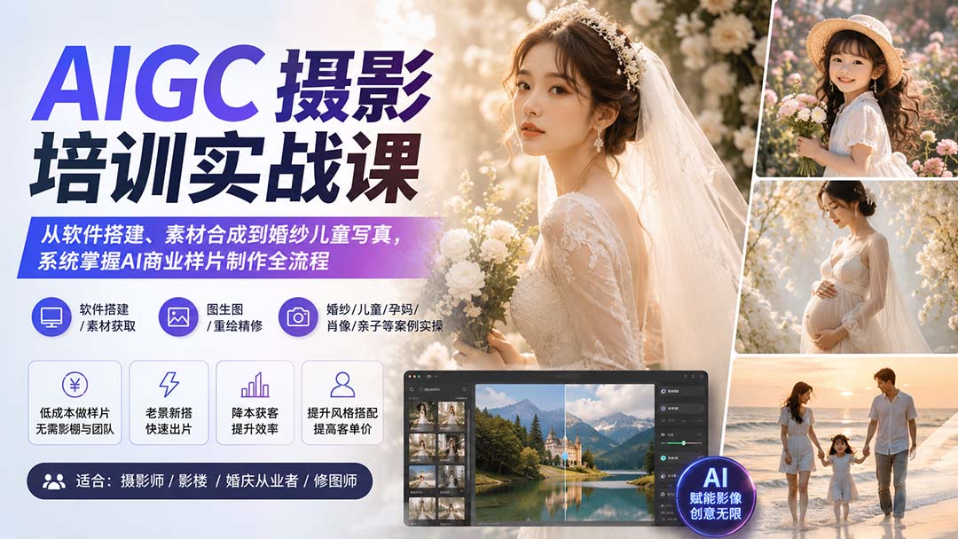 AIGC摄影培训实战课：从软件搭建、素材合成到婚纱儿童写真，系统掌握AI商业样片制作全流程-禾谷轻创网