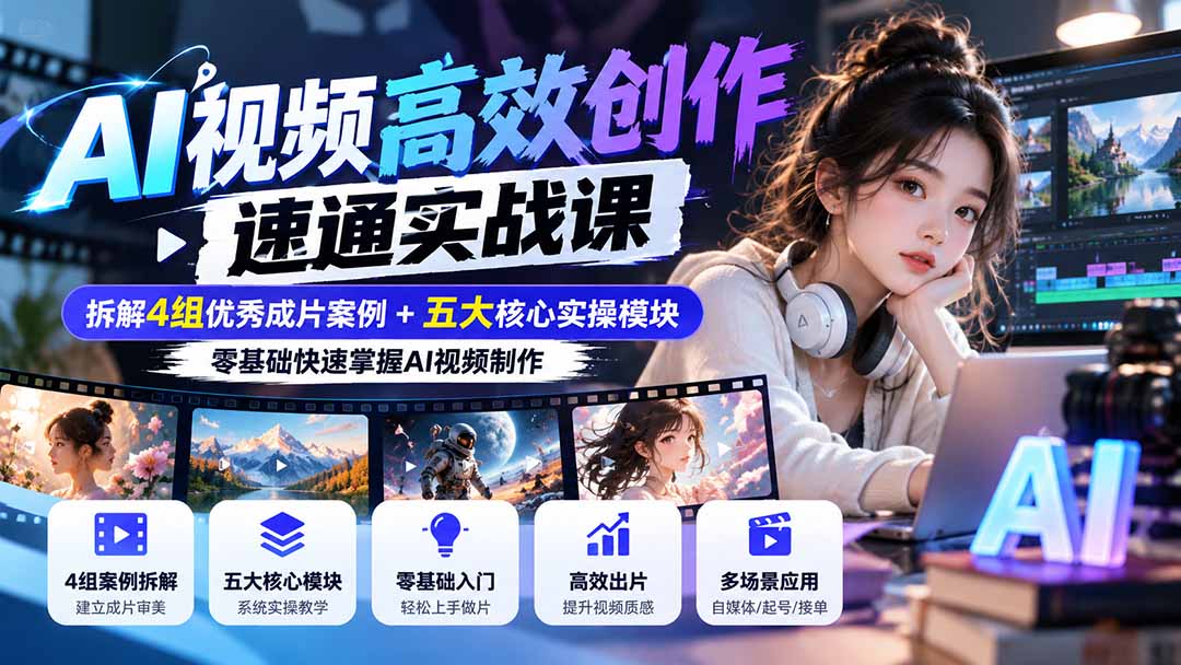 【无水印】AI视频高效创作速通实战课：拆解4组优秀成片案例+五大核心实操模块，零基础快速掌握AI视频制作-禾谷轻创网