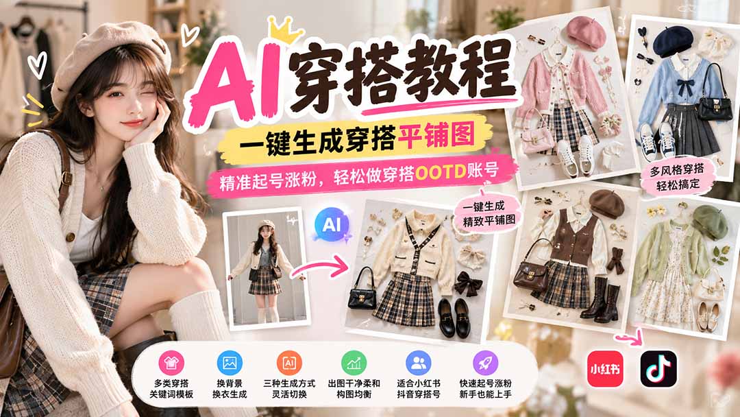 【无水印】AI穿搭教程|一键生成穿搭平铺图,精准起号涨粉,轻松做穿搭OOTD账号-禾谷轻创网