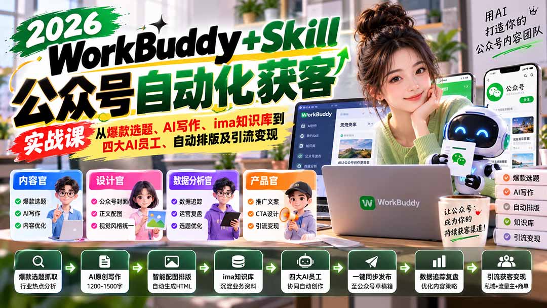 WorkBuddy + Skill公众号自动化获客实战课:从爆款选题、AI写作、ima知识库到四大AI员工、自动排版及引流变现-禾谷轻创网