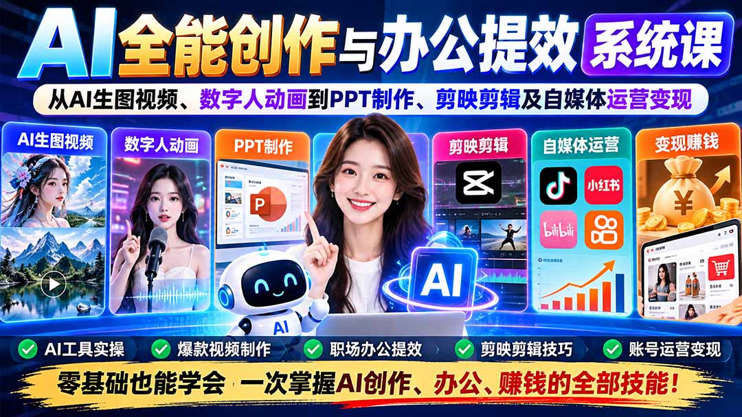 AI全能创作与办公提效系统课：从AI生图视频、数字人动画到PPT制作、剪映剪辑及自媒体运营变现-禾谷轻创网