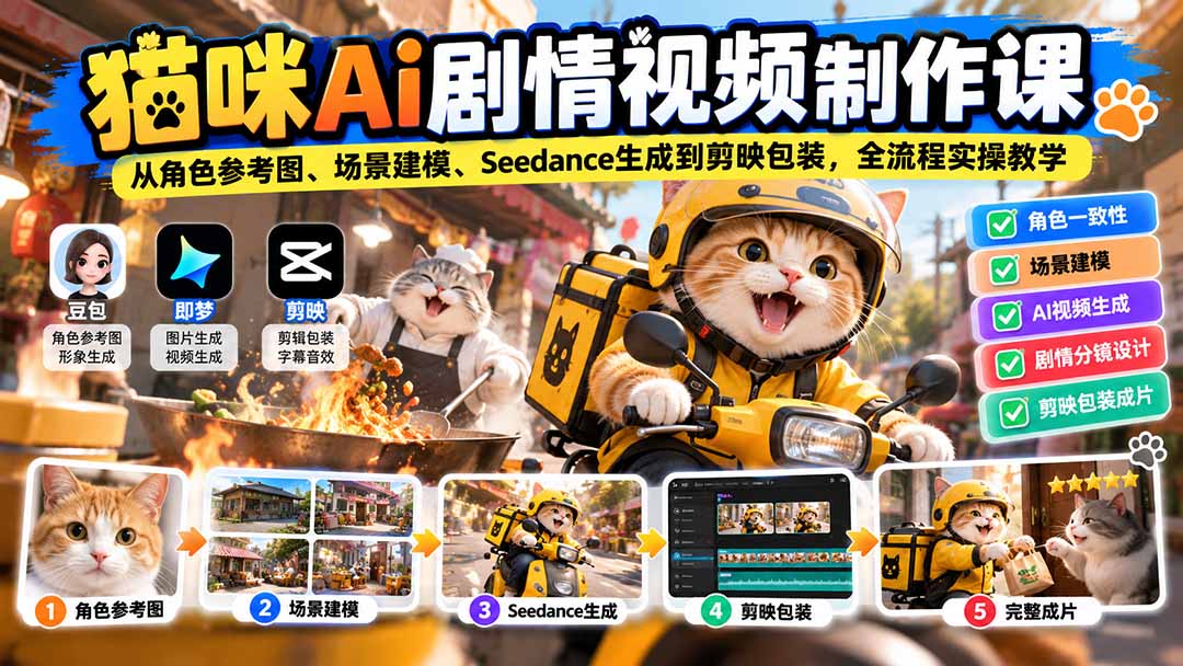 猫咪AI剧情视频制作课：从角色参考图、场景建模、Seedance生成到剪映包装，全流程实操教学-禾谷轻创网