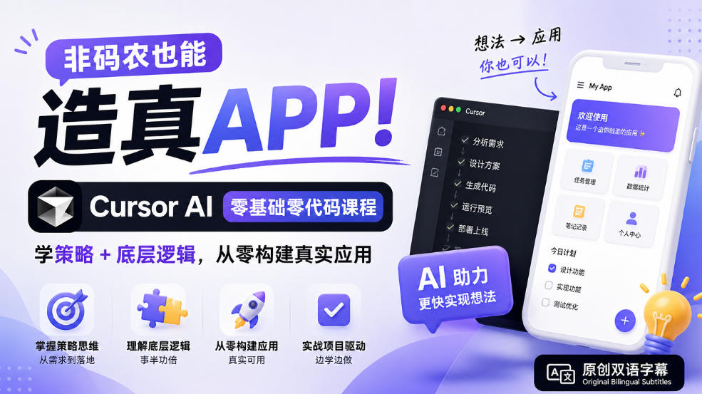 非码农也能造真APP！Cursor AI零基础零代码课程：学策略+底层逻辑，从零构建真实应用【原创双语字幕】-禾谷轻创网