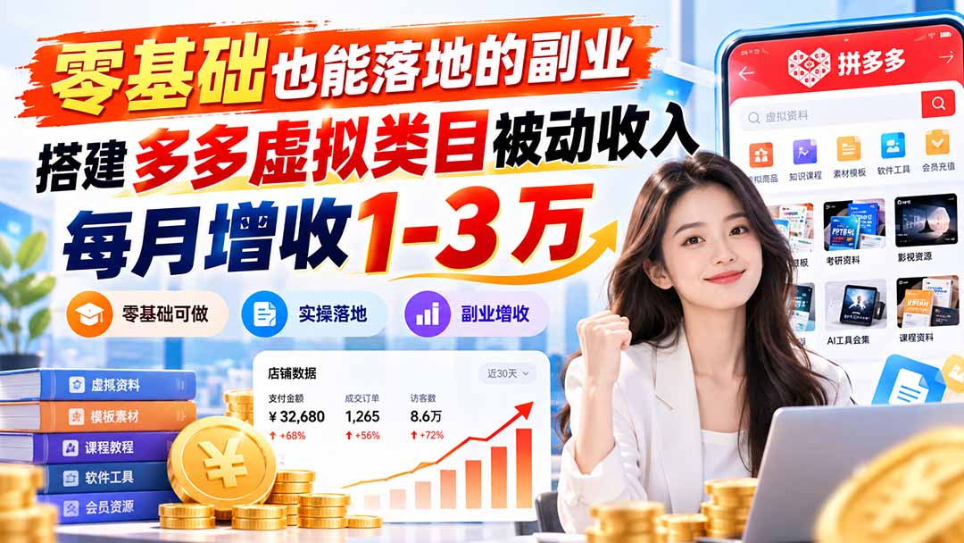零基础也能落地的副业，搭建多多虚拟类目被动收入，每月增收 1-3 万-禾谷轻创网