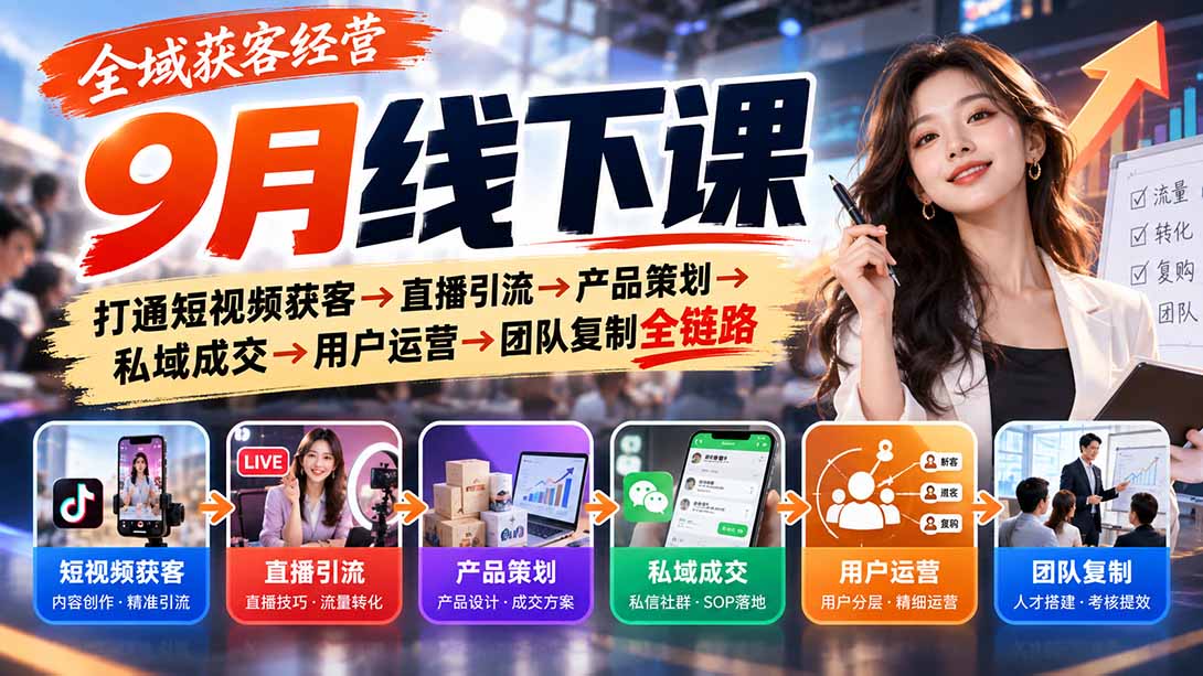 全域获客经营9月线下课：打通短视频获客→直播引流→产品策划→私域成交→用户运营→团队复制全链路-禾谷轻创网