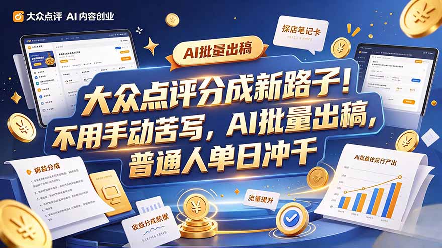 大众点评副业新玩法，工具提效解放双手，批量做笔记，单日可破千-禾谷轻创网