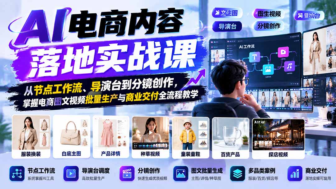 AI电商内容落地实战课：从节点工作流、导演台到分镜创作，掌握电商图文视频批量生产与商业交付全流程教学-禾谷轻创网