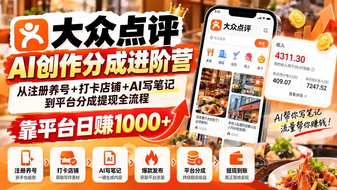 大众点评AI创作分成进阶营：从注册养号+打卡店铺+AI写笔记到平台分成提现全流程，靠平台日赚1000+-禾谷轻创网