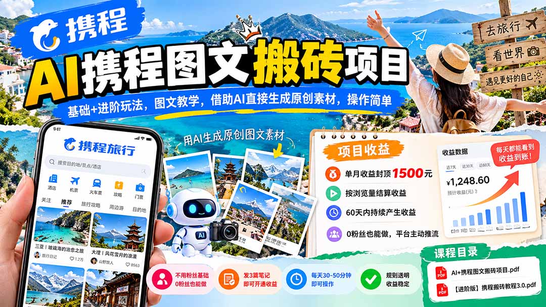AI携程图文搬砖项目，基础+进阶玩法，图文教学，借助AI直接生成原创素材，操作简单-禾谷轻创网