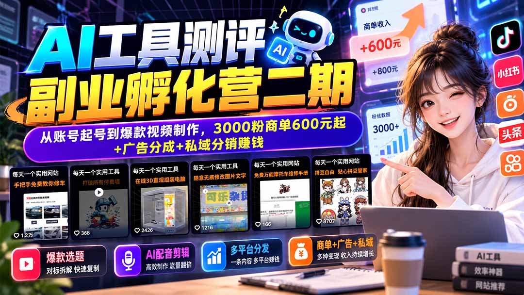 AI工具测评副业孵化营二期：从账号起号到爆款视频制作，3000粉商单600元起+广告分成+私域分销赚钱-禾谷轻创网