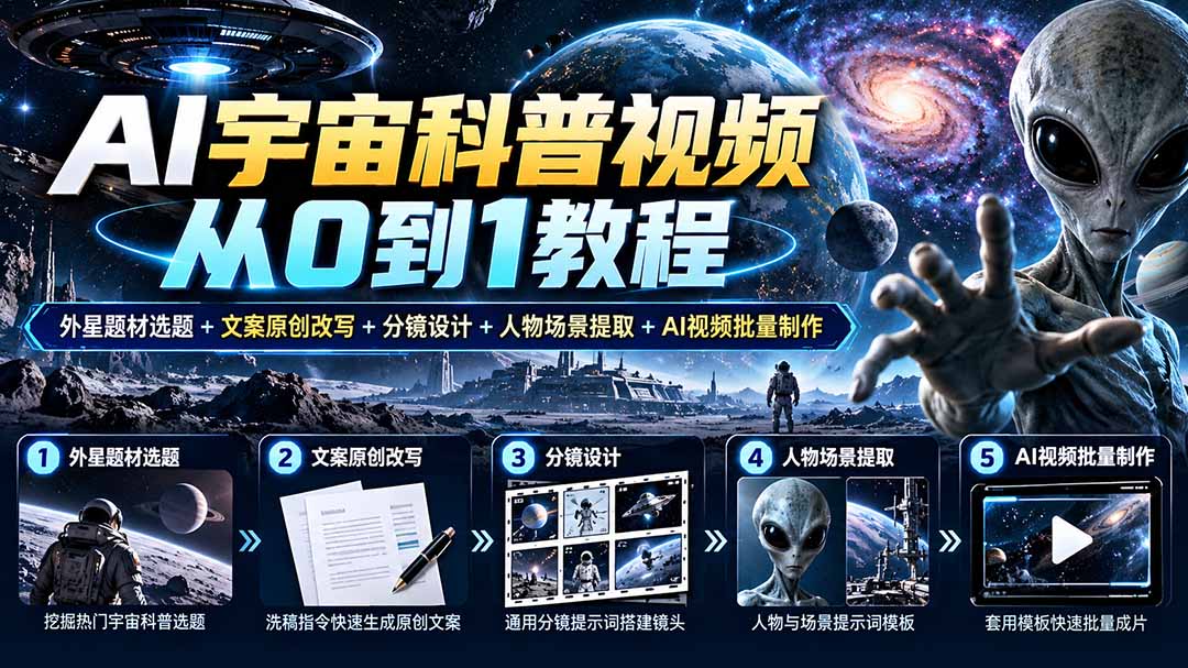 AI宇宙科普视频从0到1教程｜外星题材选题+文案原创改写+分镜设计+人物场景提取+AI视频批量制作-禾谷轻创网