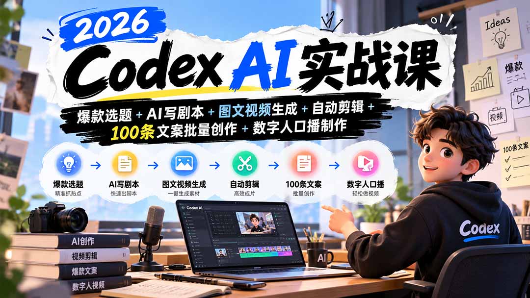 2026Codex AI实战课：爆款选题+AI写剧本+图文视频生成+自动剪辑+100条文案批量创作+数字人口播制作-禾谷轻创网