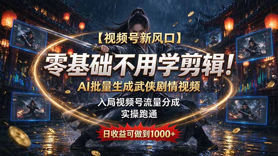 【视频号新风口】零基础不用学剪辑！AI 批量生成武侠剧情视频，入局视频号流量分成，实操跑通，日收益可做到 1000+-禾谷轻创网