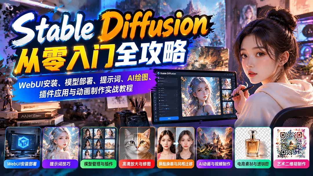 Stable Diffusion从零入门全攻略：WebUI安装、模型部署、提示词、AI绘图、插件应用与动画制作实战教程-禾谷轻创网