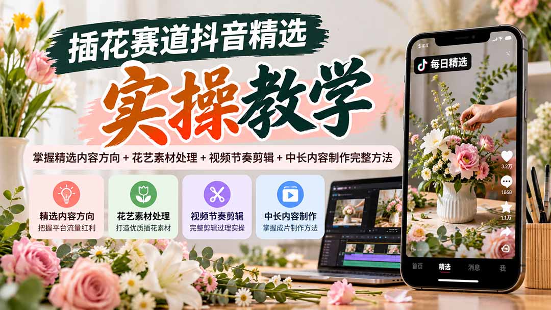 插花赛道抖音精选实操教学：掌握精选内容方向+花艺素材处理+视频节奏剪辑+中长内容制作完整方法-禾谷轻创网