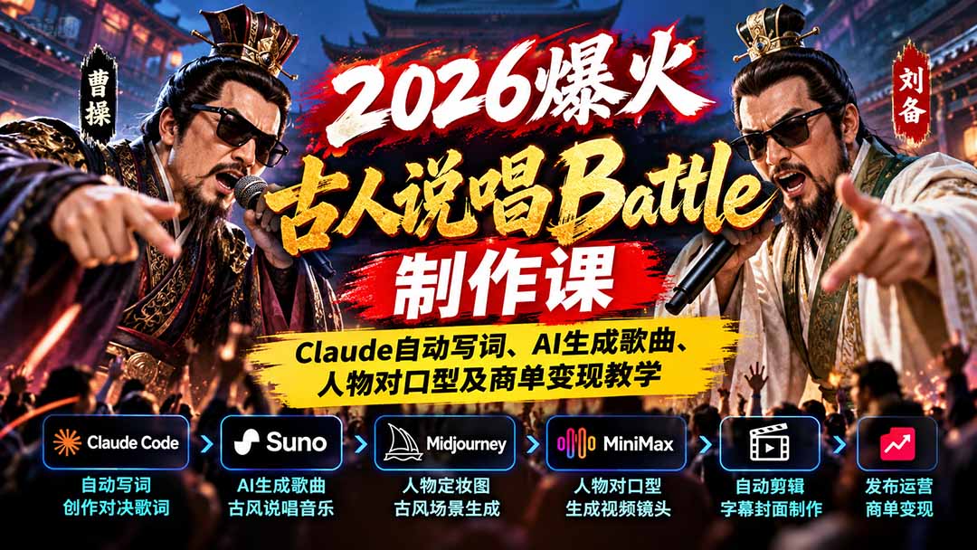 2026爆火古人说唱Battle制作课:Claude自动写词、AI生成歌曲、人物对口型及商单变现教学-禾谷轻创网