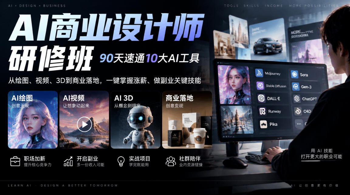 AI商业设计师研修班，90天速通10大AI工具，从绘图、视频、3D到商业落地，一键掌握涨薪、做副业关键技能-禾谷轻创网