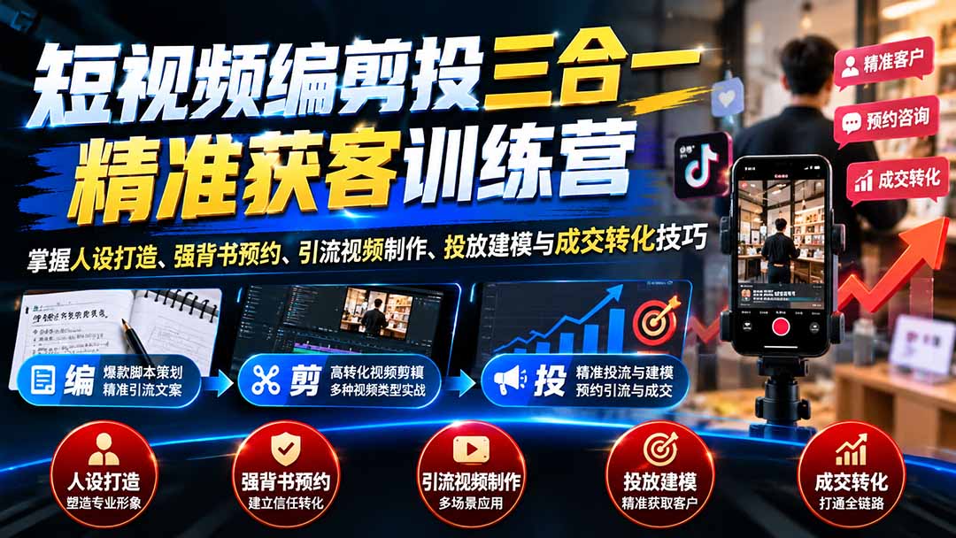 短视频编剪投三合一精准获客训练营：掌握人设打造、强背书预约、引流视频制作、投放建模与成交转化技巧-禾谷轻创网
