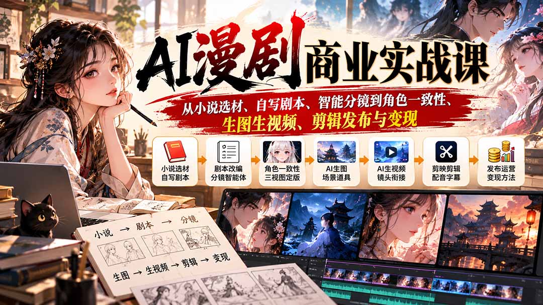 AI漫剧商业实战课：从小说选材、自写剧本、智能分镜到角色一致性、生图生视频、剪辑发布与变现-禾谷轻创网