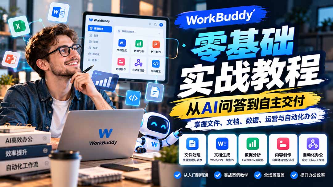 WorkBuddy零基础实战教程：从AI问答到自主交付，掌握文件、文档、数据、运营与自动化办公-禾谷轻创网
