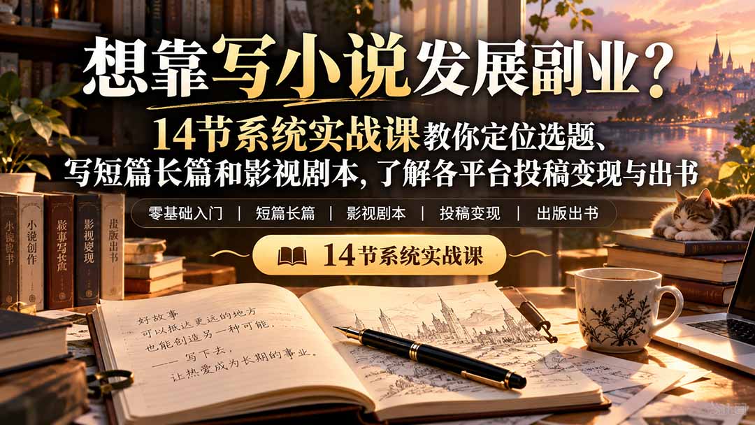 【无水印】想靠写小说发展副业？14节系统实战课教你定位选题、写短篇长篇和影视剧本，了解各平台投稿变现与出书-禾谷轻创网