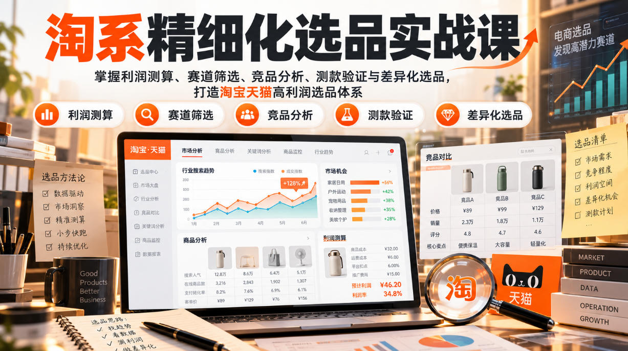 货架电商精细化选品实战课：掌握利润测算、赛道筛选、竞品分析、测款验证与差异化选品，打造淘宝天猫高利润选品体系-禾谷轻创网