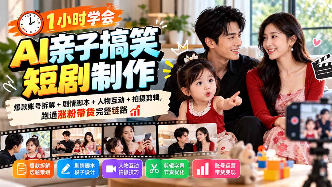 1小时学会AI亲子搞笑短剧制作：爆款账号拆解+剧情脚本+人物互动+拍摄剪辑，跑通涨粉带货完整链路-禾谷轻创网