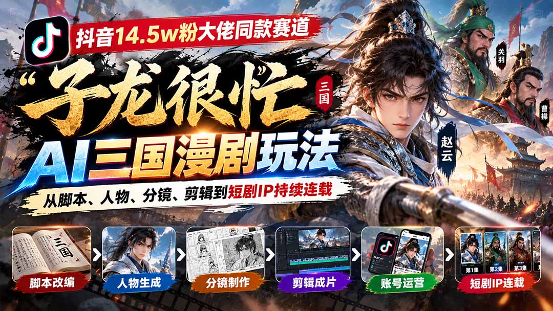 抖音14.5w粉大佬同款赛道「子龙很忙」AI三国漫剧玩法：从脚本、人物、分镜、剪辑到短剧IP持续连载-禾谷轻创网