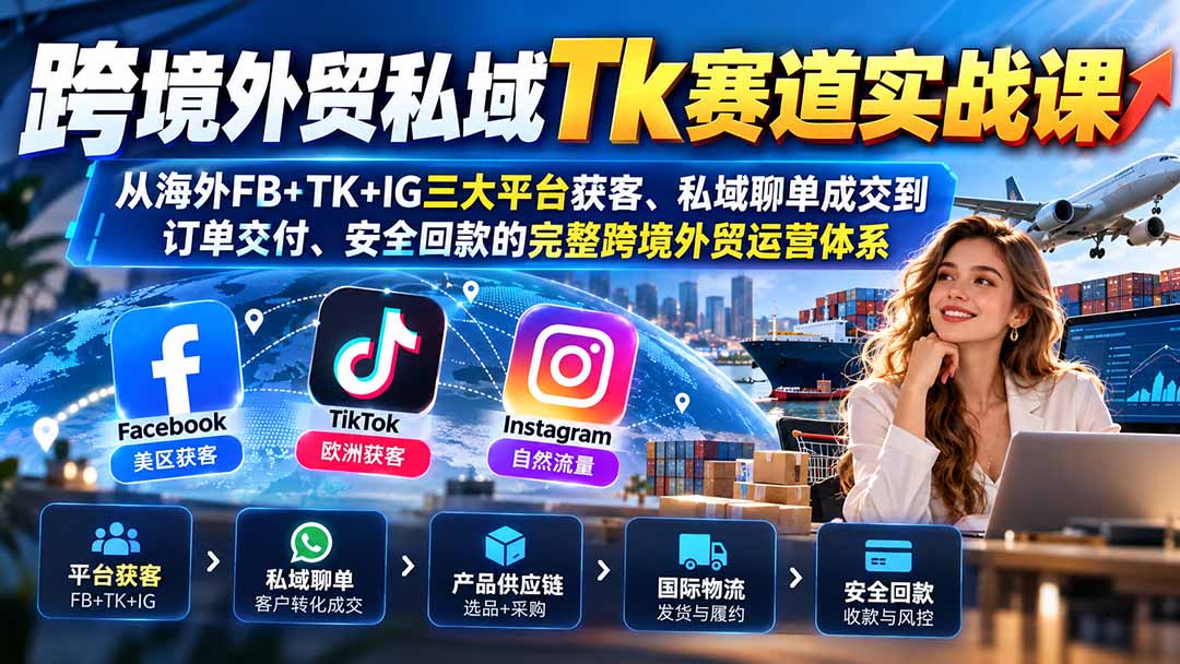 跨境外贸私域Tk赛道实战课：从海外FB+TK+IG三大平台获客、私域聊单成交到订单交付、安全回款的完整跨境外贸运营体系-禾谷轻创网