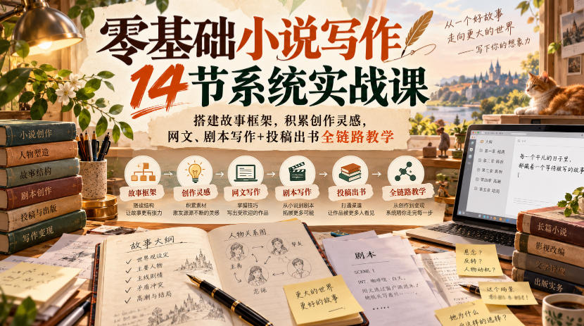 零基础小说写作14节系统实战课,搭建故事框架,积累创作灵感,网文、剧本写作+投稿出书全链路教学-禾谷轻创网